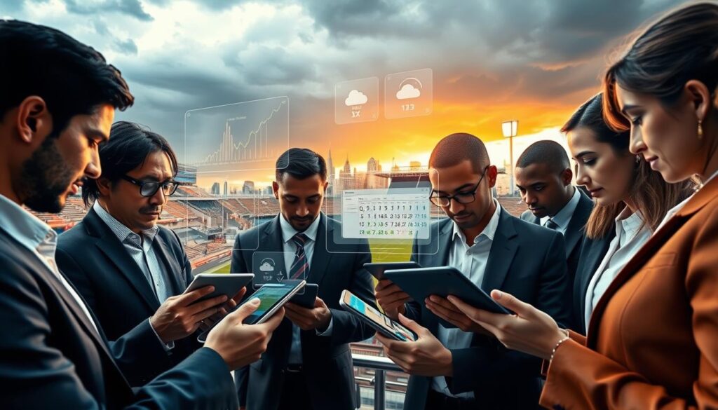 A dynamic and informative scene showcasing the origins of value betting strategies. In the foreground, a diverse group of professionals in business attire, focused on analyzing data from a sports betting app on their tablets, represent various cultures and genders. The middle layer features overlaid visuals of injury reports, weather forecasts, and game schedules, each depicted as semi-transparent digital screens to signify their significance in betting analysis. In the background, a sports stadium and a city skyline create a vibrant atmosphere, under a dramatic sky that hints at an approaching storm, emphasizing the unpredictability of sports outcomes. The lighting is bright yet moody, creating a sense of urgency and anticipation. The image evokes a sense of collaboration and intellectual engagement in the pursuit of market efficiencies.