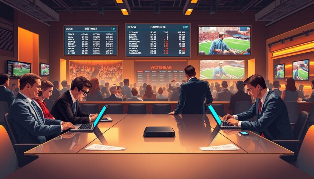 A dynamic illustration representing "Contrarian Betting Angles" in the context of sports betting. In the foreground, a diverse group of professionals in business attire gathers around a sleek modern conference table, analyzing data on laptops and discussing strategies. The middle ground features digital displays showcasing betting odds with sharp changes, indicating the contrast between sharp money and public sentiment. The background reveals a stylish and vibrant sports bar, filled with enthusiastic fans watching a game on large screens, symbolizing the public's influence. The lighting is warm and focused, creating a serious yet inspiring atmosphere, accentuated by the subtle glow of the screens. The angle is slightly elevated, capturing the intensity and excitement of the moment. A dynamic illustration representing "Contrarian Betting Angles" in the context of sports betting. In the foreground, a diverse group of professionals in business attire gathers around a sleek modern conference table, analyzing data on laptops and discussing strategies. The middle ground features digital displays showcasing betting odds with sharp changes, indicating the contrast between sharp money and public sentiment. The background reveals a stylish and vibrant sports bar, filled with enthusiastic fans watching a game on large screens, symbolizing the public's influence. The lighting is warm and focused, creating a serious yet inspiring atmosphere, accentuated by the subtle glow of the screens. The angle is slightly elevated, capturing the intensity and excitement of the moment.