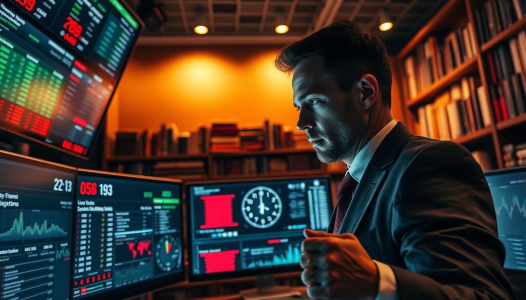 A dynamic scene capturing the concept of "sharp money betting timing." In the foreground, a focused, professionally dressed individual studies multiple screens displaying live betting odds, various sports statistics, and a clock showing fractions of a second ticking down. The middle ground features a sleek digital interface accentuating graphs and analytics, linking visual data to betting markets. In the background, a wall of bookshelves filled with sports psychology and statistics tomes, infused with warm ambient lighting, suggests an atmosphere of knowledge and strategy. The overall mood is intense yet strategic, highlighting the analytical approach of sharp bettors. The perspective is from slightly above eye level, giving a comprehensive view of both the individual and the busy betting environment, evoking a sense of urgency and expert timing. A dynamic scene capturing the concept of "sharp money betting timing." In the foreground, a focused, professionally dressed individual studies multiple screens displaying live betting odds, various sports statistics, and a clock showing fractions of a second ticking down. The middle ground features a sleek digital interface accentuating graphs and analytics, linking visual data to betting markets. In the background, a wall of bookshelves filled with sports psychology and statistics tomes, infused with warm ambient lighting, suggests an atmosphere of knowledge and strategy. The overall mood is intense yet strategic, highlighting the analytical approach of sharp bettors. The perspective is from slightly above eye level, giving a comprehensive view of both the individual and the busy betting environment, evoking a sense of urgency and expert timing.