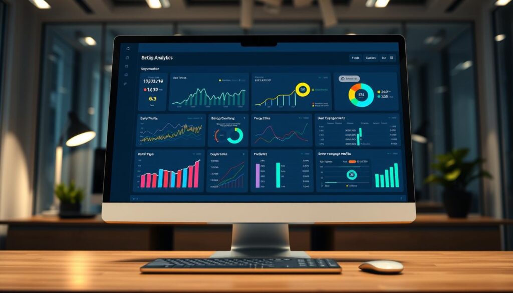 A modern betting analytics segmentation dashboard displayed on a sleek desktop computer. In the foreground, vibrant graphs and pie charts highlight data on betting trends, profitability over time, and user engagement metrics, all rendered in a clean, professional layout. The middle section features a sophisticated interface with interactive elements and color-coded segments, showcasing various betting categories. The background is a softly blurred office environment with subtle lighting that emphasizes the screen, creating a focused atmosphere for analysis. The overall mood is analytical and insightful, suitable for professionals dedicated to optimizing their betting strategies. The scene conveys a sense of precision and clarity, enhancing the viewer's understanding of analytical data.