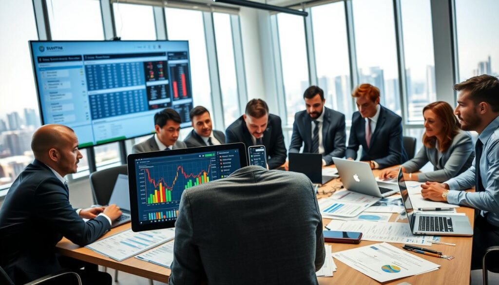 A modern office environment featuring a diverse team of professionals in business attire gathered around a large table cluttered with laptops, charts, and data sheets. In the foreground, one individual is analyzing a sports prediction model on a digital tablet, showing colorful graphs and statistics. The middle ground showcases a large monitor displaying real-time sports data and backtesting results. The background reveals floor-to-ceiling windows with a city skyline, allowing natural light to flood the space. The atmosphere is focused yet collaborative, with a sense of excitement in the air. The lighting is bright and clear, emphasizing the high-tech elements. Capture the essence of teamwork and data-driven decision-making in the world of sports betting. A modern office environment featuring a diverse team of professionals in business attire gathered around a large table cluttered with laptops, charts, and data sheets. In the foreground, one individual is analyzing a sports prediction model on a digital tablet, showing colorful graphs and statistics. The middle ground showcases a large monitor displaying real-time sports data and backtesting results. The background reveals floor-to-ceiling windows with a city skyline, allowing natural light to flood the space. The atmosphere is focused yet collaborative, with a sense of excitement in the air. The lighting is bright and clear, emphasizing the high-tech elements. Capture the essence of teamwork and data-driven decision-making in the world of sports betting.
