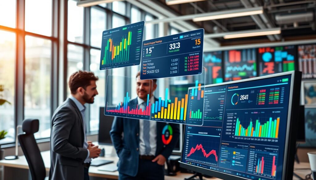 A modern workspace featuring an analytical environment where professionals are intensely focused on data analysis for betting models. In the foreground, a diverse group of three analysts, dressed in smart casual attire, are engaged around a large computer screen displaying colorful charts and graphs related to betting statistics. In the middle ground, sleek data visualizations float in the air, highlighting key metrics like win probabilities and player performance. The background is filled with large windows allowing natural light to flood in, illuminating a high-tech office space adorned with digital displays of real-time data. The atmosphere conveys a sense of urgency and innovation, reflecting a blend of professionalism and analytical excitement. The image is captured from a slightly elevated angle, emphasizing both the collaborative nature of the work and the intricate data being analyzed. A modern workspace featuring an analytical environment where professionals are intensely focused on data analysis for betting models. In the foreground, a diverse group of three analysts, dressed in smart casual attire, are engaged around a large computer screen displaying colorful charts and graphs related to betting statistics. In the middle ground, sleek data visualizations float in the air, highlighting key metrics like win probabilities and player performance. The background is filled with large windows allowing natural light to flood in, illuminating a high-tech office space adorned with digital displays of real-time data. The atmosphere conveys a sense of urgency and innovation, reflecting a blend of professionalism and analytical excitement. The image is captured from a slightly elevated angle, emphasizing both the collaborative nature of the work and the intricate data being analyzed.