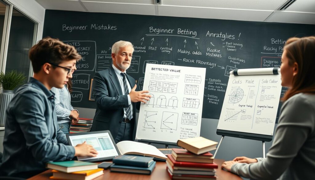 A professional office setting where a diverse group of individuals discusses beginner betting mistakes. In the foreground, a young person in smart casual attire looks puzzled while studying a betting chart on a laptop, surrounded by books on odds and probability. In the middle, a middle-aged professional in business attire passionately explains the concept of expected value, pointing to a whiteboard filled with charts and diagrams depicting common rookie mistakes in betting strategies. In the background, there’s a chalkboard with sketches of essential terms related to betting. The scene is lit with soft white light from overhead, creating a focused yet inviting atmosphere. The angle is slightly tilted to emphasize the enthusiasm of the group while maintaining clarity in the educational materials being discussed.