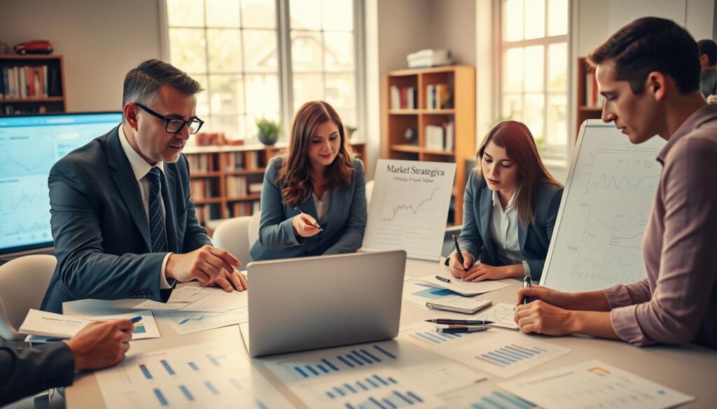 A professional setting depicting a group of analytical bettors engaged in a vibrant discussion around a large table filled with betting charts and data sheets. In the foreground, a focused middle-aged man in business attire leans forward, pointing at a chart, while a younger woman, also dressed professionally, jots down notes, her face reflecting intrigue. The middle ground features a bright laptop displaying fluctuating odds and a whiteboard with market strategies sketched out. The background shows large windows letting in soft, natural light, illuminating the room with a warm glow, and bookshelves filled with sports analytics books. The atmosphere is collaborative and intellectually stimulating, suggesting a bustling environment of ideas and analytical thinking.