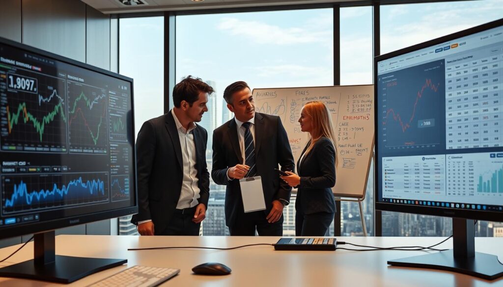 A professional setting depicting an odds tracker in use. In the foreground, a stylish, modern desktop monitors displaying complex graphs and real-time betting odds analyses, with a diverse group of three individuals in professional business attire intently discussing data insights. The middle ground features a sleek whiteboard filled with strategic notes and calculations, reflecting collaborative brainstorming. In the background, a large window reveals a city skyline with soft natural lighting streaming in, creating an inspiring atmosphere. The mood is focused and analytical, conveying the essence of market analysis and informed betting strategies. The scene is captured at a slight angle, providing depth, and the lighting is bright yet soft, emphasizing the clarity of the screens and the professionalism of the environment.