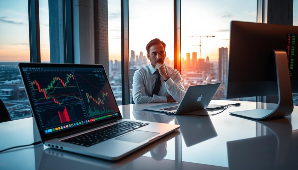 A professional trading environment with a focus on "strategic bet signals" as seen in advanced market indicators. In the foreground, a sleek, modern desk features an open laptop displaying complex trading graphs and candlestick patterns. A sophisticated trading terminal with colorful, dynamic indicators highlights key signal points. In the middle, a focused trader in professional business attire analyzes the data, with a thoughtful expression. The background shows a large window overlooking a city skyline at dusk, where the warm golden light of the setting sun contrasts with the cool blue hues of dusk, creating a calm yet intense atmosphere. The image should emphasize clarity, capturing the moment of strategic decision-making in trading, showcasing a blend of technology and concentration. A professional trading environment with a focus on "strategic bet signals" as seen in advanced market indicators. In the foreground, a sleek, modern desk features an open laptop displaying complex trading graphs and candlestick patterns. A sophisticated trading terminal with colorful, dynamic indicators highlights key signal points. In the middle, a focused trader in professional business attire analyzes the data, with a thoughtful expression. The background shows a large window overlooking a city skyline at dusk, where the warm golden light of the setting sun contrasts with the cool blue hues of dusk, creating a calm yet intense atmosphere. The image should emphasize clarity, capturing the moment of strategic decision-making in trading, showcasing a blend of technology and concentration.