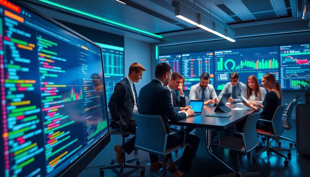 A sleek, modern data integration workflow scene illustrating sportsbook APIs at work. In the foreground, a computer screen displays code and colorful graphs representing data feeds from various sources. In the middle ground, a diverse group of professionals in business attire collaborates around a conference table, analyzing data on tablets and laptops. The background features a large digital display showing live sports stats and data analytics visualizations. The environment is well-lit with a futuristic office ambiance, utilizing soft blue and green lighting to create a tech-savvy atmosphere. The lens captures the action from an ergonomic angle, emphasizing teamwork and technology in the world of sports betting.