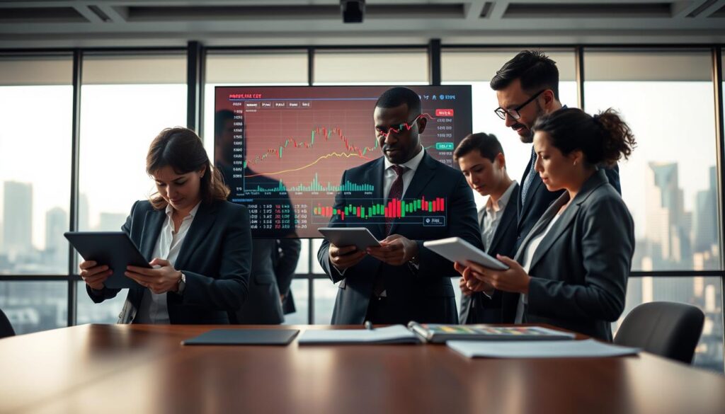 A visually engaging scene depicting implied probability market inefficiencies in a betting context. In the foreground, a diverse group of professional analysts, dressed in smart business attire, intensely review charts and graphs on digital devices, showcasing fluctuations in market odds. The middle layer features a large, transparent screen displaying colorful graphs with arrows indicating rising and falling probabilities. In the background, a modern office setting with large windows casting soft, natural light, exhibiting a city skyline that enhances the atmosphere of high-stakes analysis. The overall mood is tense yet focused, emphasizing the urgency of identifying betting edges and the theme of market miscalculations, with a clear depth of field enhancing the foreground elements.