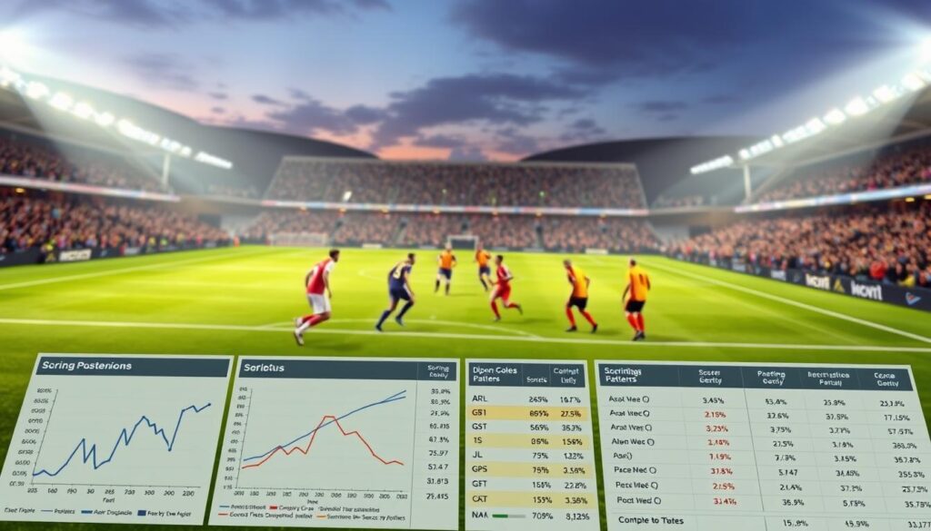 A conceptual illustration depicting the Dixon-Coles adjustment for dependence and low-scoring bias in soccer analytics. In the foreground, include a detailed, professional-looking soccer analytics dashboard showcasing various statistical graphs and tables, with highlighted sections on scoring patterns. In the middle background, visualize a soccer field under soft, diffused lighting, where two teams engage in a match, focusing on strategic positioning, with players in vibrant jerseys representing a competitive atmosphere. The background features a subtle combination of cheering crowds and a stadium lit by twilight, enhancing the mood of excitement. Utilize a slightly tilted angle to create depth, while ensuring clarity and attention to the data elements on the dashboard, reflecting the analytical nature of the subject.