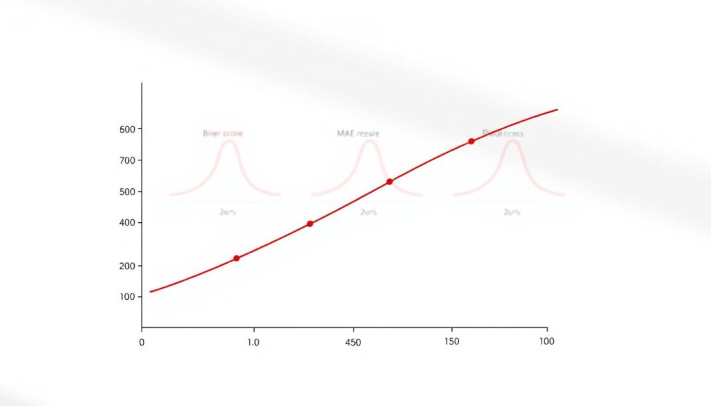 A detailed Brier score reliability curve displayed on a clean, white background, emphasizing the statistical insights into probability predictions. In the foreground, the curve should be a smooth line graph, with distinct axes labeled appropriately, showcasing Brier score values along the vertical axis and predicted probabilities along the horizontal axis. The line should display a clear trend, illustrating reliability. In the middle ground, additional graphs should be subtly blurred to signify related metrics like log loss and MAE, enhancing the focus on the main curve. Soft natural lighting should cast gentle shadows, creating depth. The overall mood should be analytical and professional, tailored for a scholarly audience, invoking a sense of precision and clarity in data visualizations.