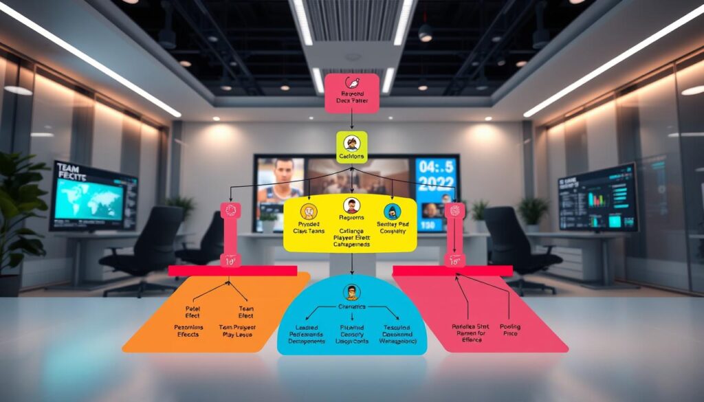 A detailed illustration of a Bayesian sports modeling hierarchical structure, showcasing teams nested by league. In the foreground, a vibrant, interactive diagram displays different team hierarchies and player effects, each tier color-coded for clarity. In the middle layer, visual icons represent various metrics such as player performance, team statistics, and league comparisons, connected by dynamic arrows indicating relationships and pooling effects. The background features a sleek, modern office environment with high-tech screens showing real-time data updates and analytics related to sports modeling. Soft, diffused lighting illuminates the scene, creating a professional and engaging atmosphere, while the composition is captured from a slightly elevated angle for a comprehensive view of the structure and interactions.