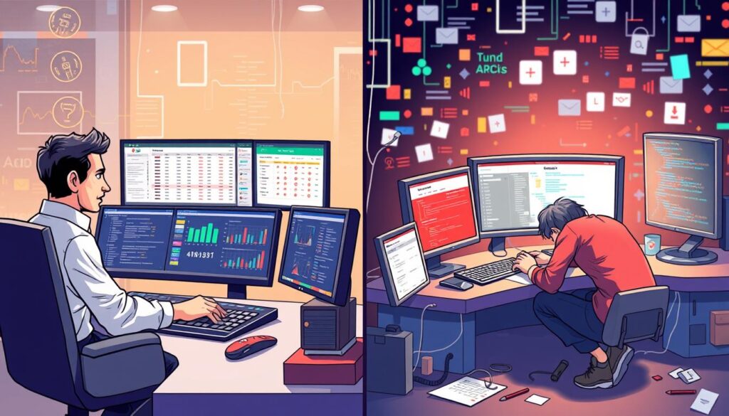 A digital illustration depicting a split scene: on the left, a professional-looking data analyst at a sleek workstation, surrounded by screens displaying official APIs, odds feeds, and real-time sports data. On the right, a contrasting scene shows a curious character hunched over multiple screens, diligently scraping data from various websites, with scattered notes and code snippets visible. The backgrounds of both sides are filled with dynamic digital elements, creating a vibrant tech atmosphere. Use soft, focused lighting to highlight the characters and their tasks, while the background remains slightly blurred to emphasize the action. The mood should balance seriousness and curiosity, showcasing the contrasting approaches to gathering sports data.