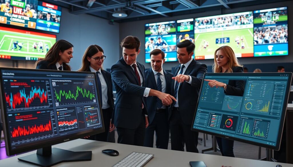 A dynamic and engaging scene illustrating "in-game updating Bayesian sports modeling." In the foreground, a sleek modern computer workstation displays intricate graphs and real-time data analytics related to sports teams, with colorful charts showing player effects and lineup changes. In the middle ground, a diverse group of professionals, dressed in smart business attire, collaborates over data on large touchscreen displays, pointing to various statistics under soft, focused lighting that highlights their expressions of concentration and excitement. The background features a digital scoreboard and media screens displaying live sports events, while ambient lighting creates a high-tech atmosphere, emphasizing the cutting-edge nature of the modeling process. The composition captures the urgency and intensity of real-time updates as new lineup and weather information flows in, conveying the cutting-edge technology driving modern sports analytics.