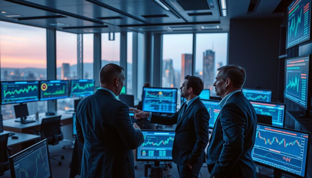 A dynamic, high-tech trading room filled with focused analysts monitoring multiple screens displaying complex financial graphs and live data feeds related to hedging strategies. In the foreground, three professionals in business attire are deeply engaged in discussion, pointing at a digital display showcasing latency metrics and queue management visualizations. The middle ground features illuminated monitors with vibrant charts and formulas, highlighting the intricacies of live partial hedge strategies, while the background shows a sleek, modern office with floor-to-ceiling windows revealing a city skyline bathed in soft evening light. The atmosphere conveys urgency and precision, with a sense of collaboration in the air. The scene employs cool blue and green tones, enhancing the tech-savvy environment while incorporating a slight bokeh effect to draw attention to the analysts.