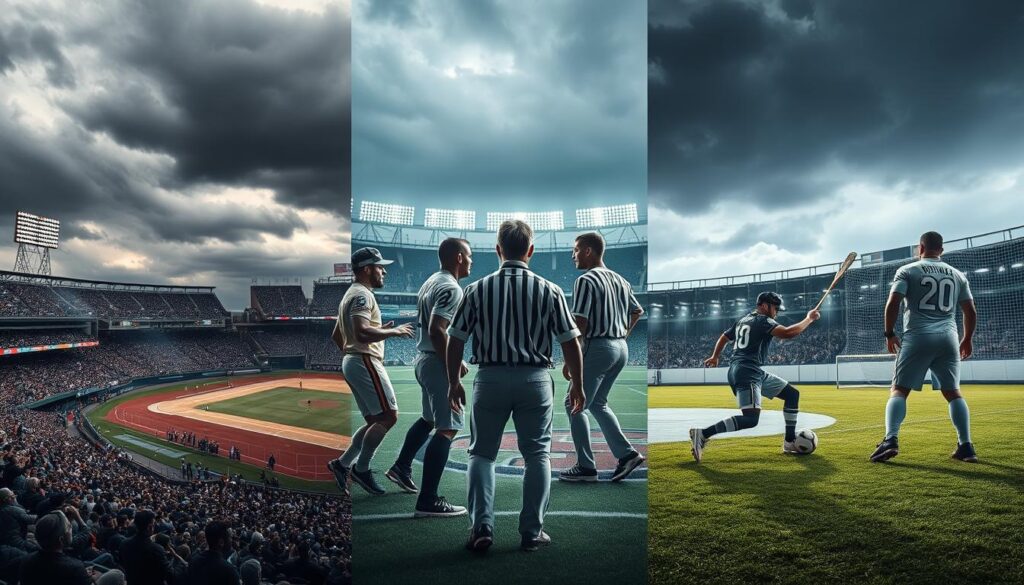 A dynamic sports collage that visually represents the efficiency of various sport-specific features. In the foreground, a baseball stadium with a bustling crowd, showcasing an MLB game under ominous weather conditions, such as dark clouds and a light drizzle. In the middle, a basketball court with players in action, highlighting the intensity of a back-to-back NBA game with travel gear strewn about. A referee crew conversing in the background, framed by an NFL field, capturing their focus on gameplay. Elegant soccer players striking the ball, emphasizing the xG (expected goals) metric, while in a distant rink, an NHL goalie stands in anticipation. Soft, natural lighting illuminates each scene, creating a dramatic atmosphere with vivid colors and sharp contrasts, evoking the energy and challenges inherent in each sport. A dynamic sports collage that visually represents the efficiency of various sport-specific features. In the foreground, a baseball stadium with a bustling crowd, showcasing an MLB game under ominous weather conditions, such as dark clouds and a light drizzle. In the middle, a basketball court with players in action, highlighting the intensity of a back-to-back NBA game with travel gear strewn about. A referee crew conversing in the background, framed by an NFL field, capturing their focus on gameplay. Elegant soccer players striking the ball, emphasizing the xG (expected goals) metric, while in a distant rink, an NHL goalie stands in anticipation. Soft, natural lighting illuminates each scene, creating a dramatic atmosphere with vivid colors and sharp contrasts, evoking the energy and challenges inherent in each sport.