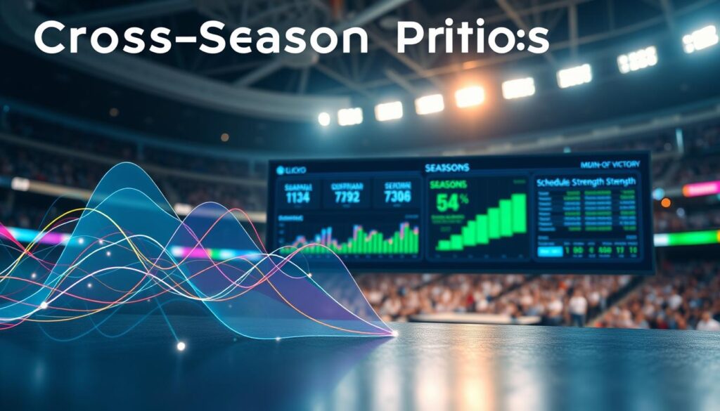 A dynamic, visually striking representation of "cross-season priors" in a sports analytics context. In the foreground, an abstract visualization of overlapping seasonal data graphs with colorful lines connecting different points, symbolizing the relationship between seasons. The middle ground features a sleek, high-tech dashboard displaying metrics like "Glicko," "Margin-of-Victory," and "Schedule Strength," illuminated by glowing blue and green lights. In the background, a soft-focus stadium scene hints at live sports, with blurred cheering crowds and bright arena lights casting a vibrant atmosphere. The image should be captured from a slight low angle, giving a sense of depth and importance, while maintaining a professional, analytical mood with balanced, bright lighting. A dynamic, visually striking representation of "cross-season priors" in a sports analytics context. In the foreground, an abstract visualization of overlapping seasonal data graphs with colorful lines connecting different points, symbolizing the relationship between seasons. The middle ground features a sleek, high-tech dashboard displaying metrics like "Glicko," "Margin-of-Victory," and "Schedule Strength," illuminated by glowing blue and green lights. In the background, a soft-focus stadium scene hints at live sports, with blurred cheering crowds and bright arena lights casting a vibrant atmosphere. The image should be captured from a slight low angle, giving a sense of depth and importance, while maintaining a professional, analytical mood with balanced, bright lighting.