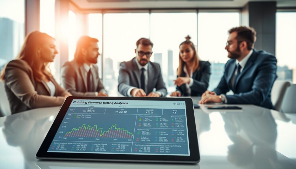 A focused, professional setting featuring a sleek, modern office conference table surrounded by diverse professionals in business attire engaged in serious discussion over complex betting analytics. In the foreground, a high-resolution tablet displays a clear, detailed chart illustrating dutching formulas and stake optimization strategies for two-way and three-way markets, with colorful graphs and precise data points. In the middle ground, a diverse group of two men and one woman collaborate, pointing at the tablet, emphasizing teamwork and analysis. The background shows large windows with a view of a city skyline, bright natural light streaming in, creating an atmosphere of focus and innovation. The composition should use a soft-focus lens effect to draw attention to the tablet and the professionals, conveying a sense of urgency and the importance of strategic decision-making.