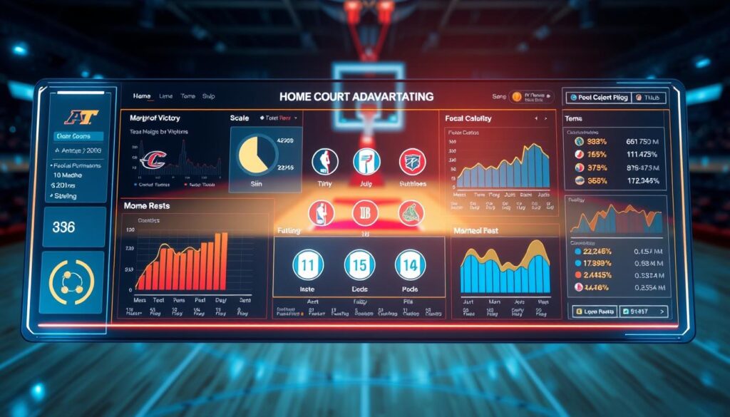 A high-tech, futuristic sports analytics dashboard displaying the "home court advantage rating." In the foreground, focus on a glowing digital screen with dynamic graphs and charts showcasing team performance metrics, margin-of-victory scaling, and home/rest modifiers. The middle layer features sleek icons representing different teams, all set against a backdrop of an illuminated basketball court. The lighting should be sharp and professional, with a slight blue tint to create a cool, analytical atmosphere. The depth of field should narrow towards the screen, emphasizing the data while softly blurring the court, adding a sense of urgency and focus. The overall mood is innovative and data-driven, perfect for a modern sports analysis environment. A high-tech, futuristic sports analytics dashboard displaying the "home court advantage rating." In the foreground, focus on a glowing digital screen with dynamic graphs and charts showcasing team performance metrics, margin-of-victory scaling, and home/rest modifiers. The middle layer features sleek icons representing different teams, all set against a backdrop of an illuminated basketball court. The lighting should be sharp and professional, with a slight blue tint to create a cool, analytical atmosphere. The depth of field should narrow towards the screen, emphasizing the data while softly blurring the court, adding a sense of urgency and focus. The overall mood is innovative and data-driven, perfect for a modern sports analysis environment.