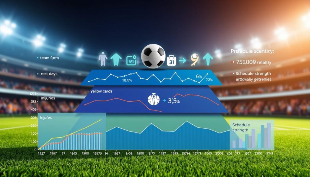 A highly detailed infographic-style illustration depicting factors influencing a Poisson regression model for soccer outcomes. In the foreground, visualize several layered graphs and charts representing statistics like team form, rest days, yellow cards, injuries, and schedule strength. The middle layer should feature soccer-related icons, such as a soccer ball, a calendar, and medical symbols, interspersed with analytical symbols like arrows and trend lines. The background should present a subtle overlay of a soccer field, slightly blurred to enhance depth. Use bright, professional colors, with clear lighting that highlights the data points, conveying an analytical, insightful atmosphere. Implement a wide-angle viewpoint to encompass all elements effectively, ensuring clarity and engagement in the statistical data being represented.