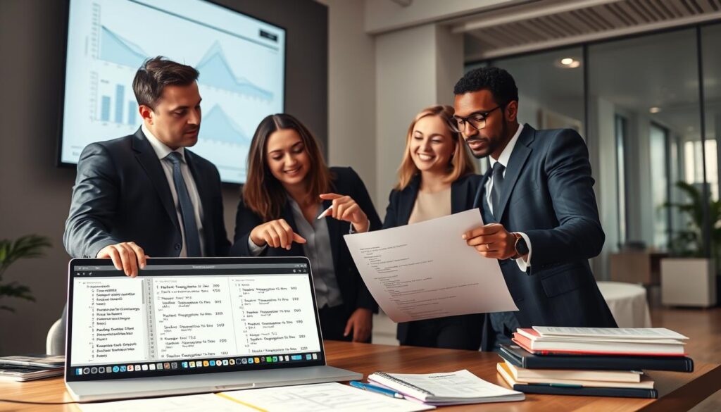 A modern, sleek office setting as the backdrop, with a large digital screen displaying charts and graphs related to regression models. In the foreground, a diverse team of three professionals in smart business attire are engaged in a collaborative discussion over a laptop displaying coding scripts and datasets. One is pointing at a visual representation of data scaling and encoding techniques, while another is highlighting interaction terms with a pen. The atmosphere is focused and dynamic, with soft, natural lighting illuminating the scene. On a nearby table, there are data visualizations, notebooks, and statistical books, adding a layer of depth. The angle captures the excitement of data preparation for regression analysis, showcasing the intricate balance of analysis and strategy. A modern, sleek office setting as the backdrop, with a large digital screen displaying charts and graphs related to regression models. In the foreground, a diverse team of three professionals in smart business attire are engaged in a collaborative discussion over a laptop displaying coding scripts and datasets. One is pointing at a visual representation of data scaling and encoding techniques, while another is highlighting interaction terms with a pen. The atmosphere is focused and dynamic, with soft, natural lighting illuminating the scene. On a nearby table, there are data visualizations, notebooks, and statistical books, adding a layer of depth. The angle captures the excitement of data preparation for regression analysis, showcasing the intricate balance of analysis and strategy.