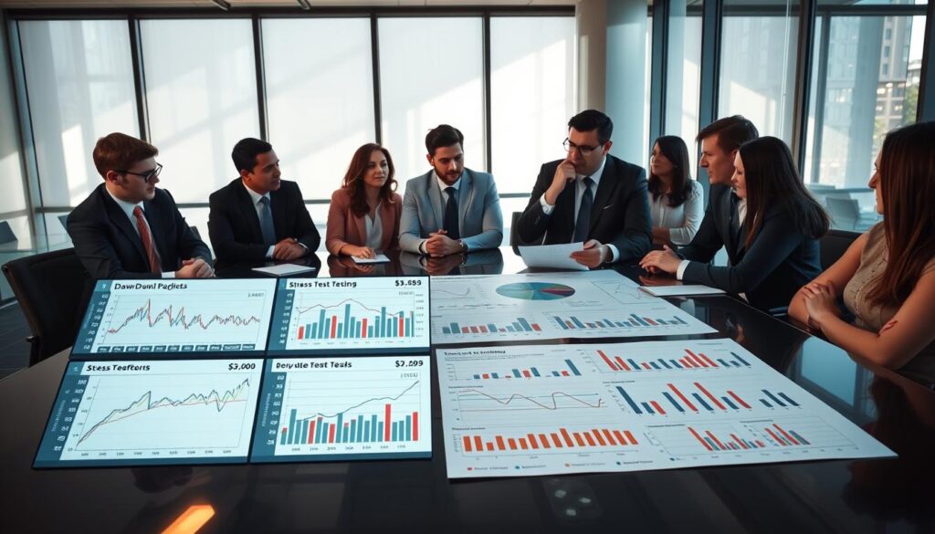 A professional office setting with a group of diverse analysts, dressed in business attire, gathered around a large conference table. In the foreground, a digital dashboard displays various betting model performance metrics, including graphs showing stress test results and drawdown analysis. In the middle ground, analysts are engaged in thoughtful discussion, examining a large printed report filled with charts and data, reflecting sensitivity and robustness testing. The background features large windows with natural light pouring in, casting soft shadows across the room, creating a dynamic yet focused atmosphere. The scene captures a sense of collaboration and analytical rigor, emphasizing the depth of examination involved in refining betting models.