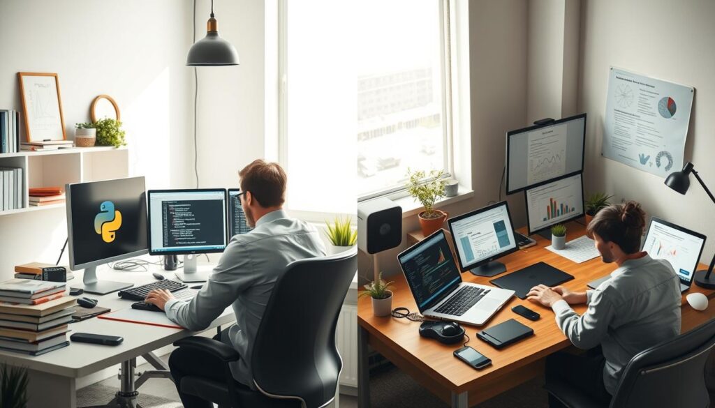 A visually engaging comparison of Python and R workflows for data analysis and machine learning, depicted through two contrasting, well-organized workspaces. On the left, a bright, modern office scene featuring a professional in business attire, focused intently on a computer displaying Python code and data visualizations, surrounded by Python-related books and tools. On the right, a slightly darker, cozy desk where another professional in casual clothing works on R, with graphs and statistical outputs on a laptop, complemented by R programming literature and statistical tools. The atmosphere is collaborative, showcasing the strengths of both languages in a harmonious, insightful manner, with ample natural light illuminating both setups. The camera angle is slightly above, capturing the essence of each workflow.