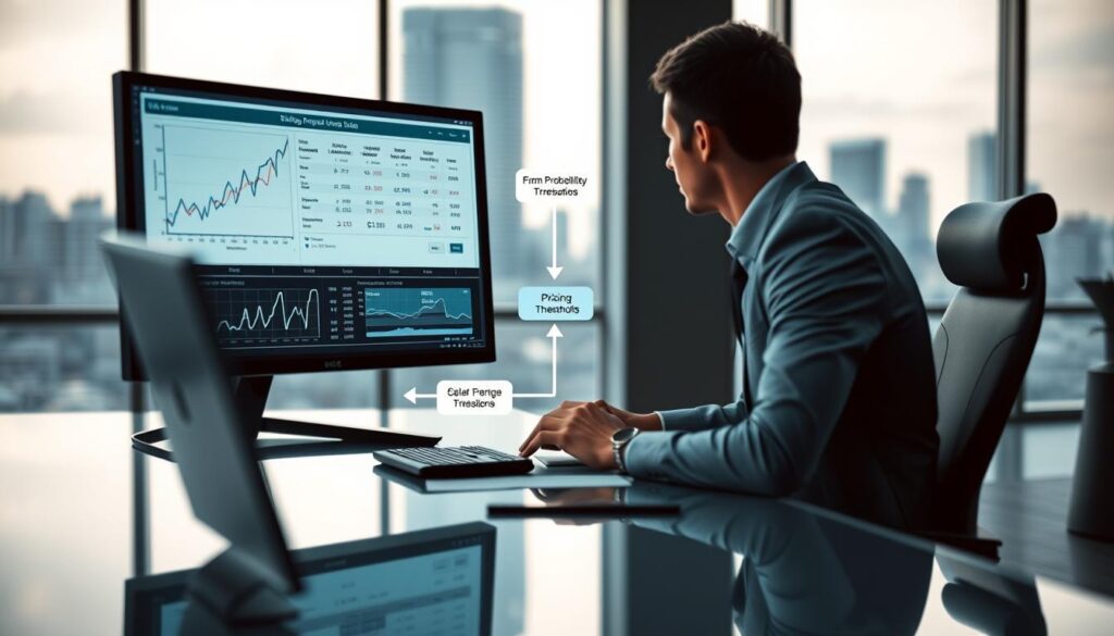 A visually engaging depiction of a "betting edge threshold strategy." In the foreground, a professional, business attired individual is sitting at a sleek desk, analyzing data on a large monitor displaying graphs and probability calculations. In the middle, a flowchart illustrates the transition from probabilities to pricing thresholds, with dynamic arrows showing relationships and decision points. The background features a modern office with soft lighting, large windows, and a cityscape view that conveys a sense of innovation and strategy. The mood is focused and analytical, with a cool color palette of blues and grays, emphasizing precision and clarity in the decision-making process. The composition should have a depth of field that draws attention to the central elements without distractions.