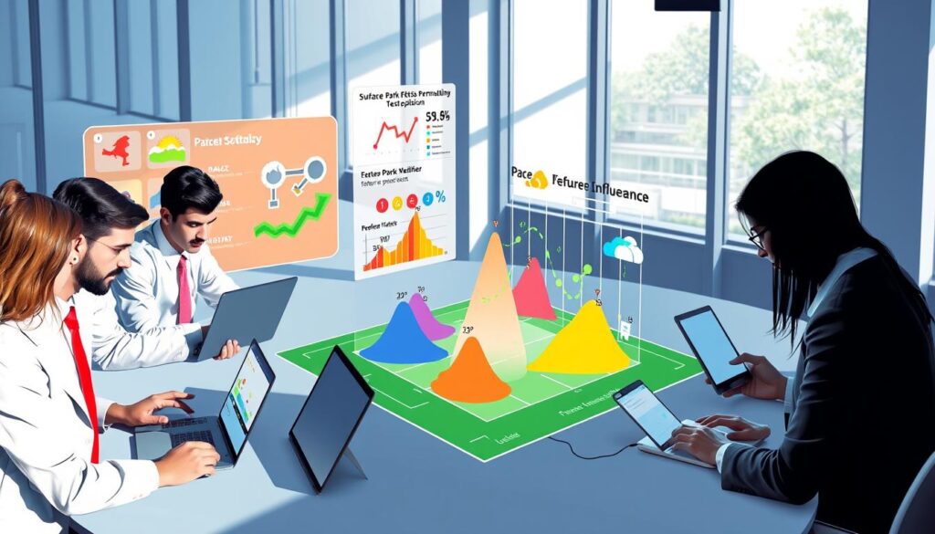 A visually engaging illustration showcasing the concept of a "surface park effects permutation test validation." In the foreground, a diverse group of professionals in business attire are intently analyzing data on laptops and tablets, surrounded by colorful visualizations of data plots and charts representing feature importance. In the middle ground, an interactive 3D graph highlights the relationships between various features like pace, weather, and referee influence, with bright colors to differentiate the data sets. The background is a modern office setting with large windows letting in natural light, casting soft shadows that enhance the analytical atmosphere. The overall mood is focused and professional, emphasizing collaboration and data-driven decision-making in feature engineering. The image should maintain a clean, minimalist aesthetic with no text or distractions. A visually engaging illustration showcasing the concept of a "surface park effects permutation test validation." In the foreground, a diverse group of professionals in business attire are intently analyzing data on laptops and tablets, surrounded by colorful visualizations of data plots and charts representing feature importance. In the middle ground, an interactive 3D graph highlights the relationships between various features like pace, weather, and referee influence, with bright colors to differentiate the data sets. The background is a modern office setting with large windows letting in natural light, casting soft shadows that enhance the analytical atmosphere. The overall mood is focused and professional, emphasizing collaboration and data-driven decision-making in feature engineering. The image should maintain a clean, minimalist aesthetic with no text or distractions.