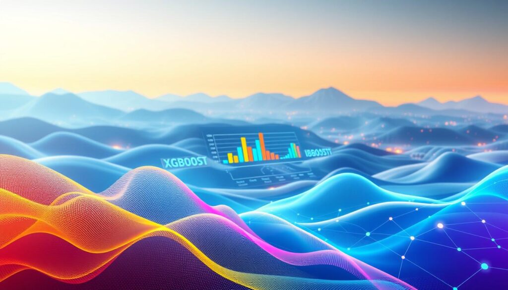 A visually engaging representation of gradient boosting models, featuring a digital landscape that symbolizes data science. In the foreground, an abstract depiction of algorithms with vibrant gradients showcasing the evolution from XGBoost to CatBoost, with flowing lines connecting them. In the middle ground, a stylized, futuristic data visualization, including bar graphs and decision trees, illustrating key principles of machine learning. The background portrays a serene tech-inspired horizon with subtle nodes and connections, hinting at a network of information. Use soft, ambient lighting to create a professional yet dynamic atmosphere, with a slight focus on the gradient details. Capture the essence of data-driven decision-making in sports betting, with a clean, polished finish, and a wide-angle perspective to enhance depth.