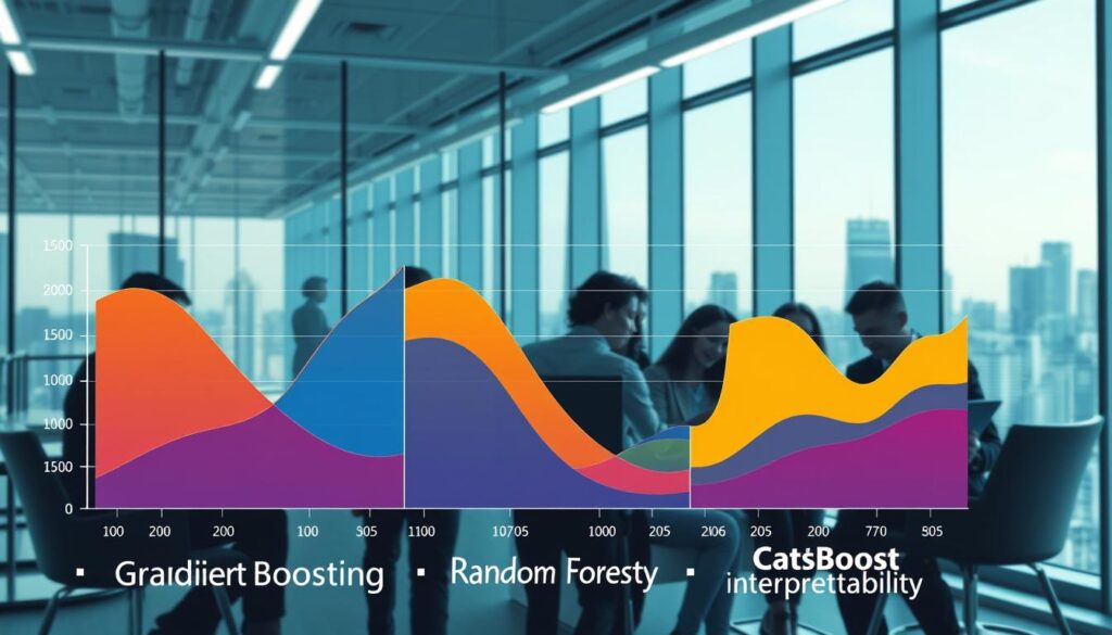 A visually striking comparison of machine learning models, specifically Gradient Boosting, Random Forest, and CatBoost, depicted in a sleek, modern data visualization style. In the foreground, three stylized, colorful graphs illustrate the performance metrics of each model—speed, accuracy, and interpretability—using smooth lines and bars. The middle ground features a professional, diverse group of individuals in business attire analyzing the data on laptops and tablets, engaged in discussion. The background consists of a futuristic office setting with large windows showing a cityscape, bathed in soft, natural light to convey a sense of innovation and progress. The mood is collaborative and analytical, reflecting a dynamic work environment focused on machine learning.