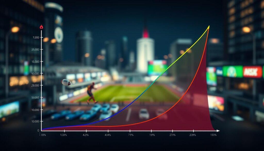 A detailed and visually striking representation of Gaussian and t-copula concepts in sports betting. In the foreground, depict a stylized graph showcasing tail dependence, with curves representing the Gaussian and t-copula distributions, vividly contrasted in vibrant colors. In the middle ground, include dynamic visuals of sports betting elements, such as stylized betting slips, odds percentages, and abstract representations of sports icons like a football and basketball. The background should feature a blurred cityscape that hints at a bustling betting environment, illuminated by soft, ambient lighting. Use a wide-angle lens effect to create depth, conveying a sense of analysis and excitement. The overall mood should be a blend of intellectual intrigue and the thrill of sports betting, emphasizing the intricate relationships between variables in an engaging manner.