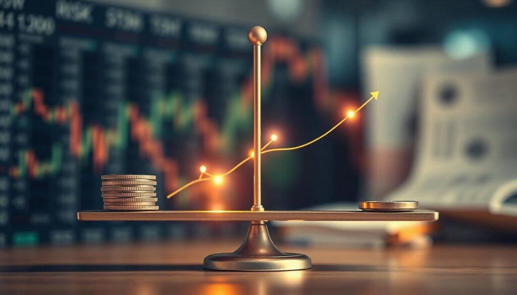 A detailed, conceptual representation of "Fractional Kelly," featuring an abstract design of a balance scale on the foreground, symbolizing risk and reward. The scale is visually balanced with coins and percentage arrows on either side, illustrating the notion of fractional betting. In the middle, a faint graph line depicting growth and risk curves weaves through the image, with glowing nodes at key intersections, emphasizing the trade-offs in betting strategy. In the background, a blurred financial market scene with stock charts and betting slips creates an atmosphere of financial expertise. Use soft, natural lighting to evoke a sense of professionalism, and employ a shallow depth of field to keep the focus on the foreground elements, conveying a serious but approachable mood.