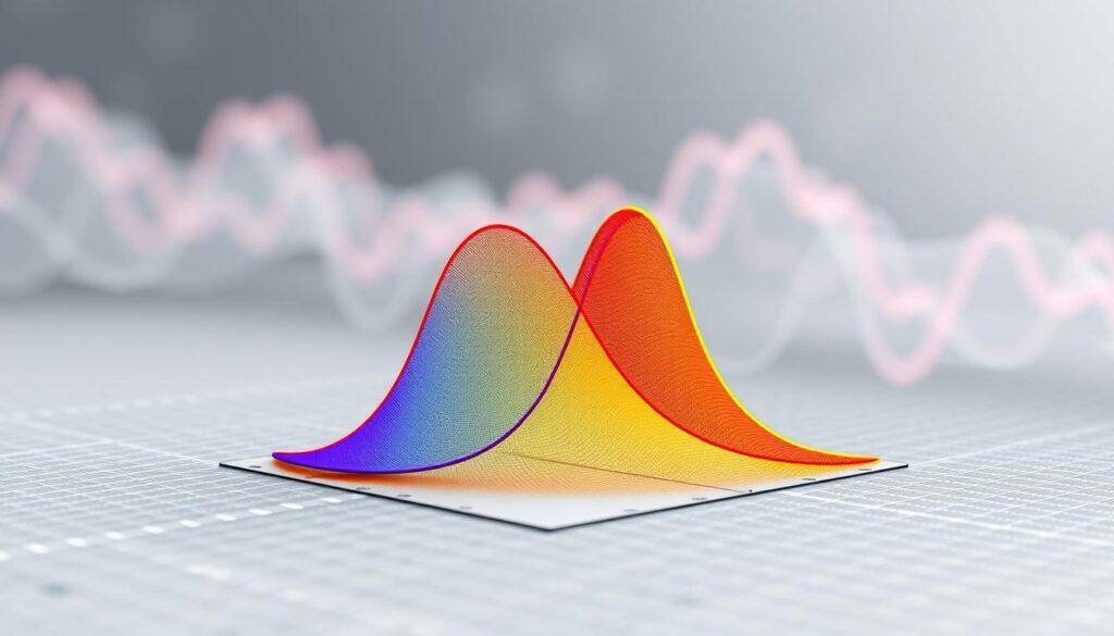 A detailed visualization of a joint distribution, featuring a 3D scatter plot in the foreground with multiple Gaussian curves overlaying a statistical surface. These curves should be represented in vibrant colors to indicate different correlation coefficients, illustrating the relationship between two variables. In the middle ground, include faint grids and axes labeled to enhance the analytical aspect, with a focus on the integration of t-copulas. The background should be composed of abstract data patterns or a blurred graph, creating a sense of depth and complexity. Utilize soft, diffused lighting to evoke a professional atmosphere, reminiscent of a research presentation. The image should convey clarity and precision, while steering clear of any text or overlays.