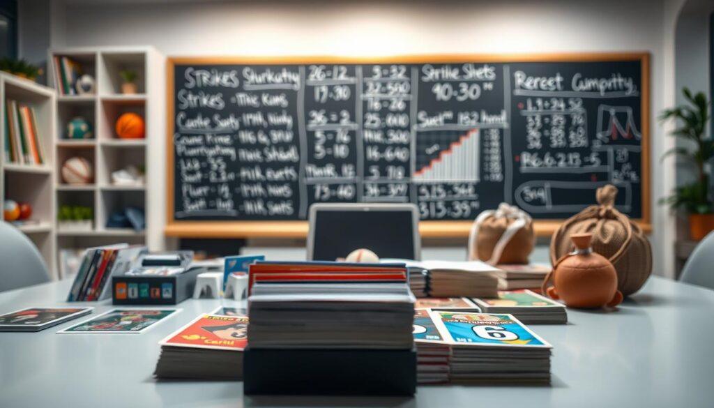 A dynamic and organized workspace that showcases diverse sports props arranged on a sleek table. In the foreground, a neatly displayed collection of colorful sports cards, clean sheets, and distinctive sack props exhibit vibrant designs, creating an engaging focal point. The middle ground features a chalkboard with detailed calculations and statistical graphs illustrating metrics related to strikes and rare events, enhancing the analytical atmosphere. In the background, soft but focused lighting highlights a blurred modern office setting, evoking a professional yet inviting mood. The scene is captured from a slightly elevated angle, suggesting a sense of overview and organization, while maintaining a clean, safe, and professional aesthetic.
