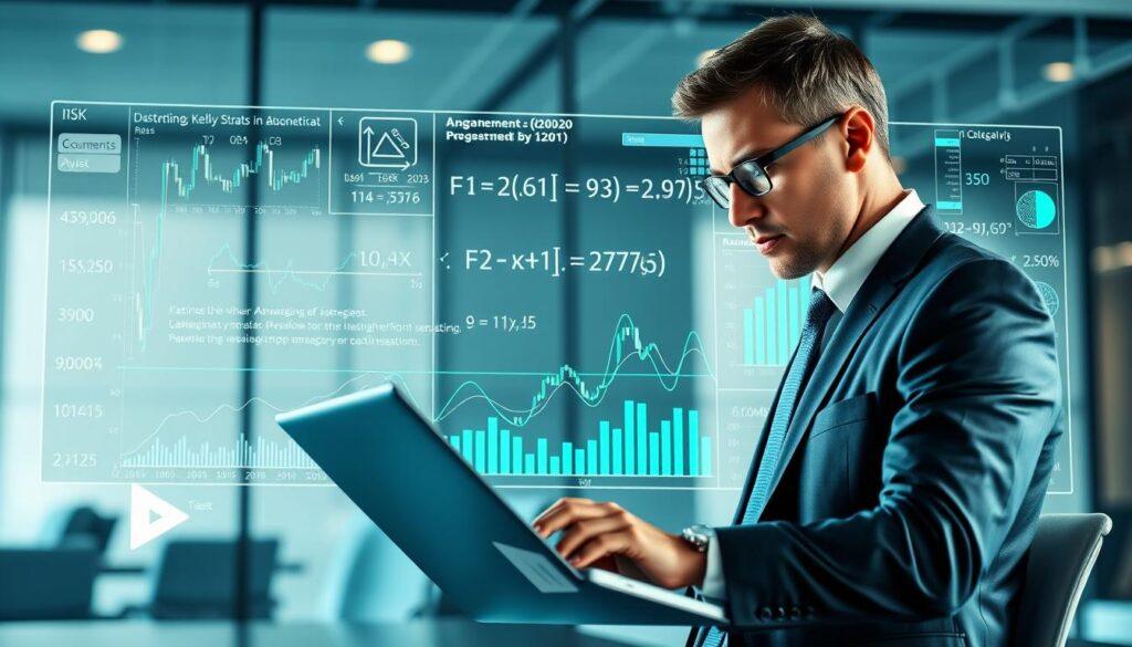 A sophisticated, visually engaging representation of the Kelly Criterion and staking strategies in portfolio management. In the foreground, a focused professional in business attire analyzes financial charts and data on a sleek laptop, surrounded by complex graphs of risk assessment and portfolio optimization. In the middle ground, a digital display showcases the mathematical formula for the Kelly Criterion, intertwined with fluctuating graphs highlighting correlations between various assets. The background features a modern office setting with soft, diffused lighting to create a professional atmosphere, enhancing the mood of analytical precision. A dynamic color palette of blues and greens conveys a sense of trust and intelligence, with sharp focus on key details in the charts and calculations, aiming for a clean, informative aesthetic that resonates with financial expertise.