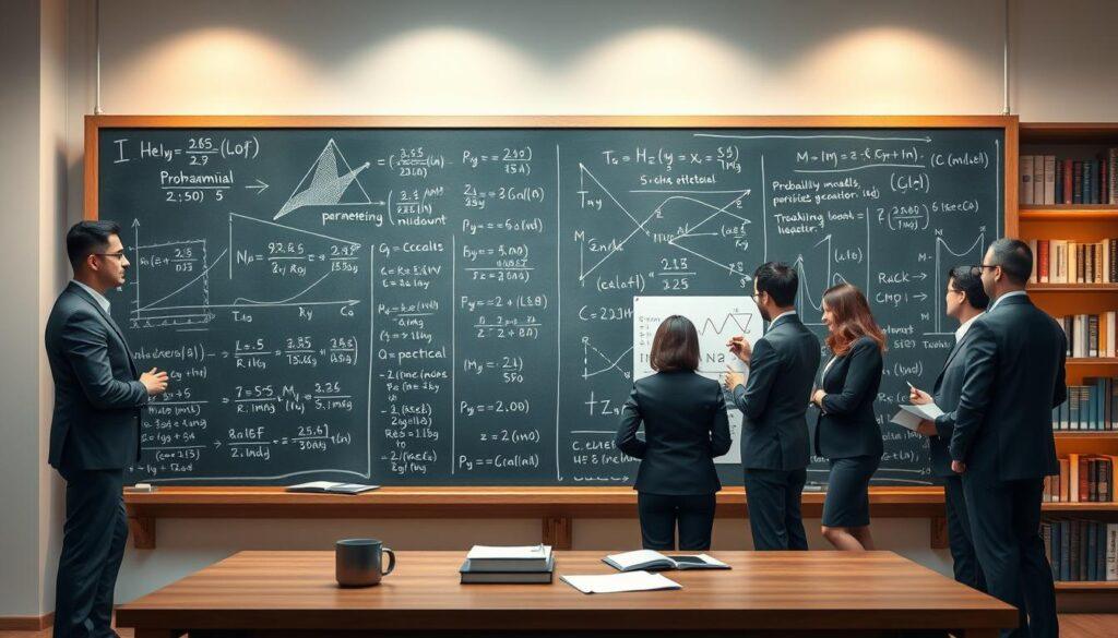 A visually striking illustration of the negative binomial model parameters, designed to reflect the complexity of statistical analysis. In the foreground, display a large chalkboard with intricate equations and graphs, such as probability mass functions and parameter interpretations. The middle ground features a professional, diverse team of data scientists in smart business attire, engaged in a discussion, analyzing charts and data points with an air of collaboration and innovation. The background includes shelves lined with books on statistics and data science, with soft, ambient lighting casting a warm glow over the scene. The atmosphere should convey a sense of academic exploration and clarity, inviting viewers into the world of advanced modeling techniques. Emphasize a clean, professional aesthetic with a focus on the analytical process without any distractions.