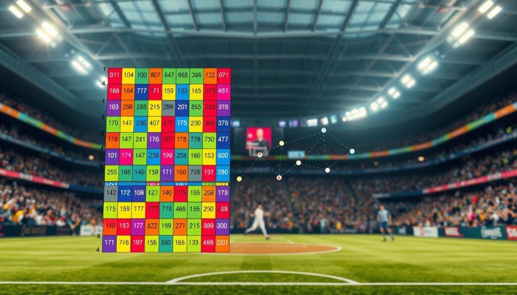 A visually striking representation of a transition matrix, prominently displayed in the foreground, featuring a grid-like structure filled with vibrant colors representing various probabilities. Each cell is dynamically animated, illustrating the concept of state transitions. In the middle ground, a stylized play-by-play game scene subtly hints at basketball or football dynamics, showcasing abstract arrows linking different player positions, symbolizing movement and possession changes. The background is softly blurred, featuring a large stadium filled with cheering fans, adding a sense of excitement and energy. Soft, diffused lighting enhances the technical feel, creating a professional atmosphere. Use a wide-angle lens perspective to emphasize depth and detail, capturing the complexity and dynamism of in-play modeling with Markov Chains. A visually striking representation of a transition matrix, prominently displayed in the foreground, featuring a grid-like structure filled with vibrant colors representing various probabilities. Each cell is dynamically animated, illustrating the concept of state transitions. In the middle ground, a stylized play-by-play game scene subtly hints at basketball or football dynamics, showcasing abstract arrows linking different player positions, symbolizing movement and possession changes. The background is softly blurred, featuring a large stadium filled with cheering fans, adding a sense of excitement and energy. Soft, diffused lighting enhances the technical feel, creating a professional atmosphere. Use a wide-angle lens perspective to emphasize depth and detail, capturing the complexity and dynamism of in-play modeling with Markov Chains.