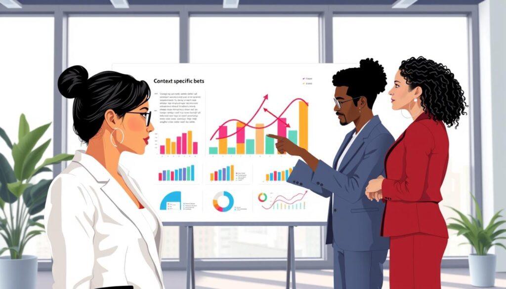 A conceptual illustration depicting an uplift model in a business context, featuring a diverse group of professionals analyzing data on a large touchscreen display. In the foreground, a South Asian woman in professional business attire examines graphs showing uplift metrics. In the middle ground, a Caucasian man and a Black woman discuss strategies, pointing at the screen, which displays vibrant bar charts and overlapping arrows symbolizing context-specific bets. The background shows a modern office with large windows, allowing natural light to flood the space, creating a bright and optimistic atmosphere. Soft shadows add depth, emphasizing the collaboration and innovation. The image conveys a mood of professionalism, analytical thinking, and teamwork in data-driven decision-making.