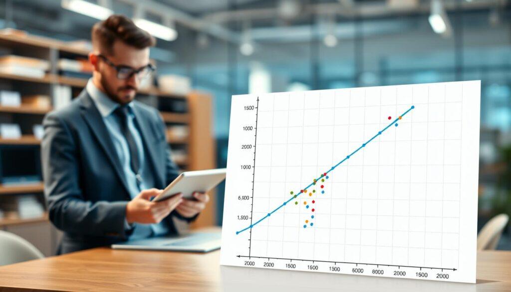 A detailed and informative illustration of a calibration curve depicting the relationship between predicted probabilities and actual outcomes. In the foreground, a clean, brightly lit graph with axes clearly labeled, showcasing a blue calibration curve with data points in different colors, indicating varying confidence levels. The middle ground features a scientist or data analyst in professional attire, engaged in monitoring the graph on a digital tablet, with a focused expression. In the background, a blurred office setting filled with soft ambient lighting, featuring shelves of analytical tools and subtle hints of technology. The mood is analytical and professional, communicating an atmosphere of precision and trust in probability assessments. No text, captions, or logos present in the image.