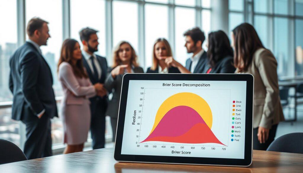 A detailed visualization of Brier score analysis, featuring a layered composition. In the foreground, a high-quality tablet or laptop displays a colorful, interactive chart illustrating Brier score decomposition, with clearly demarcated zones representing resolution and reliability. In the middle ground, a diverse group of professionals in business attire engage in discussion, pointing at the chart, their expressions focused and collaborative. The background includes a modern office setting with large windows showcasing a city skyline, bathed in soft, natural daylight that creates a productive atmosphere. The scene conveys a sense of professionalism, analytical rigor, and insightful teamwork, emphasizing the importance of understanding probability calibration. Ensure the lighting highlights the details on the digital display and adds warmth to the overall image.