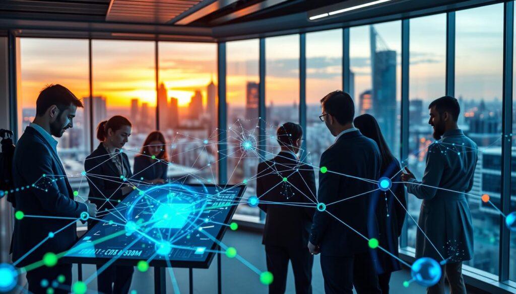 A dynamic visualization of "interactions and nonlinear transforms" in a modern tech context. In the foreground, a diverse group of professionals in business attire collaborates over digital displays, illustrating data flow and complex relationships. In the middle ground, interconnected nodes and flowing lines symbolize data interactions and nonlinear transformations, highlighted with vibrant colors like electric blue and neon green. The background features a sleek, futuristic office space with large windows revealing a city skyline during dusk, casting warm golden light, enhancing the atmosphere of innovation and collaboration. The image should be framed from a slightly elevated angle, capturing both the people and the intricate data visualizations, creating a sense of depth and engagement.