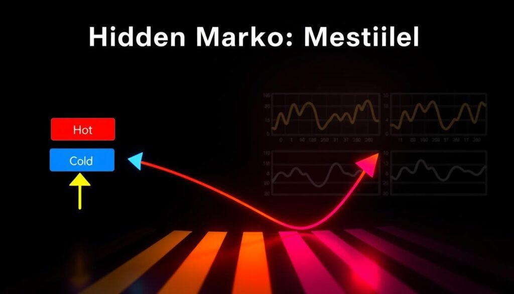 A sophisticated illustration of a hidden Markov model analysis in the context of detecting hot and cold regimes, featuring a diagrammatic representation of states and transitions in a stylized, visually engaging manner. In the foreground, include vibrant arrows connecting states labeled as "Hot" and "Cold," representing transitions over time. The middle ground should showcase graphs and time-series data with fluctuating lines, symbolizing changes in team strength, set against a dark, sleek background that enhances the overall clarity. Use soft, focused lighting to emphasize the diagrams, creating an analytical atmosphere. The composition should convey a professional mood, suitable for an academic audience. Ensure no text is present, maintaining a clean visual aesthetic without distractions.