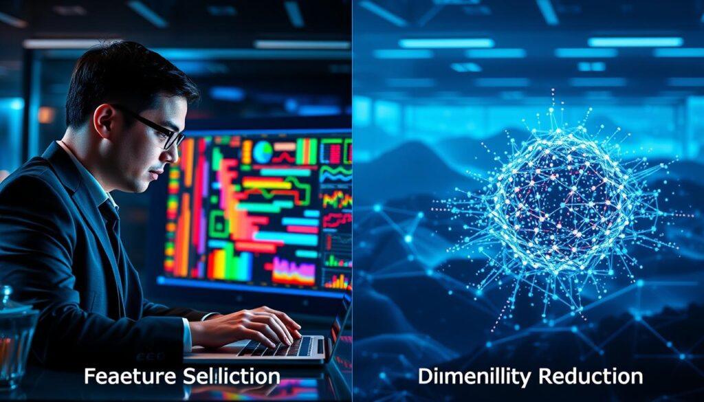 A split-screen scene depicting "Feature Selection" on one side and "Dimensionality Reduction" on the other. In the foreground, a professional in business attire is analyzing data on a sleek laptop, with vibrant graphs and charts reflecting on their face. The middle section features an array of colorful data points, highlighting the process of feature selection through illuminated nodes connected with bright lines. On the opposite side, a dimensionality reduction scene shows a cloud of compressed points converging into a more compact form, surrounded by swirling data flows. The background is filled with a high-tech, abstract digital landscape, bathed in cool blue and green lighting. The mood is focused and analytical, evoking a sense of innovation and data exploration.