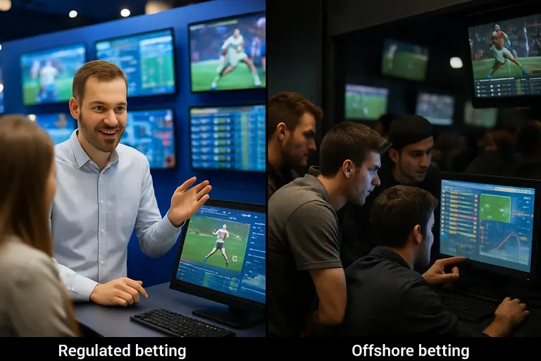 Person comparing sportsbook and fantasy app terms on two mobile devices