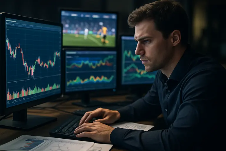 Trading screen with order-book charts viewed by an analyst in an office