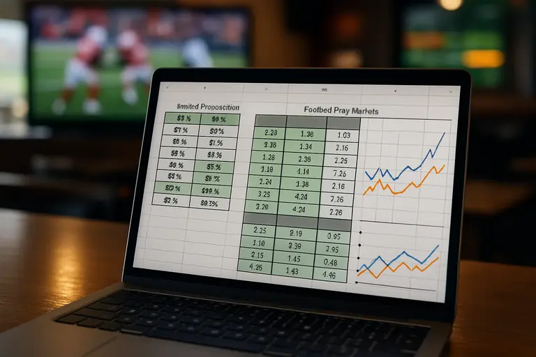 Spreadsheet of implied probabilities and football prop markets on a laptop
