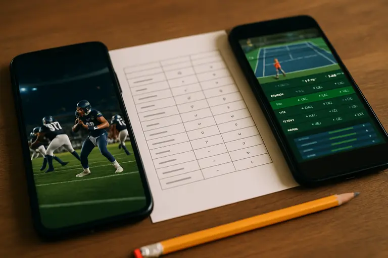 Two mobile phones beside a worksheet for comparing sportsbook market rules