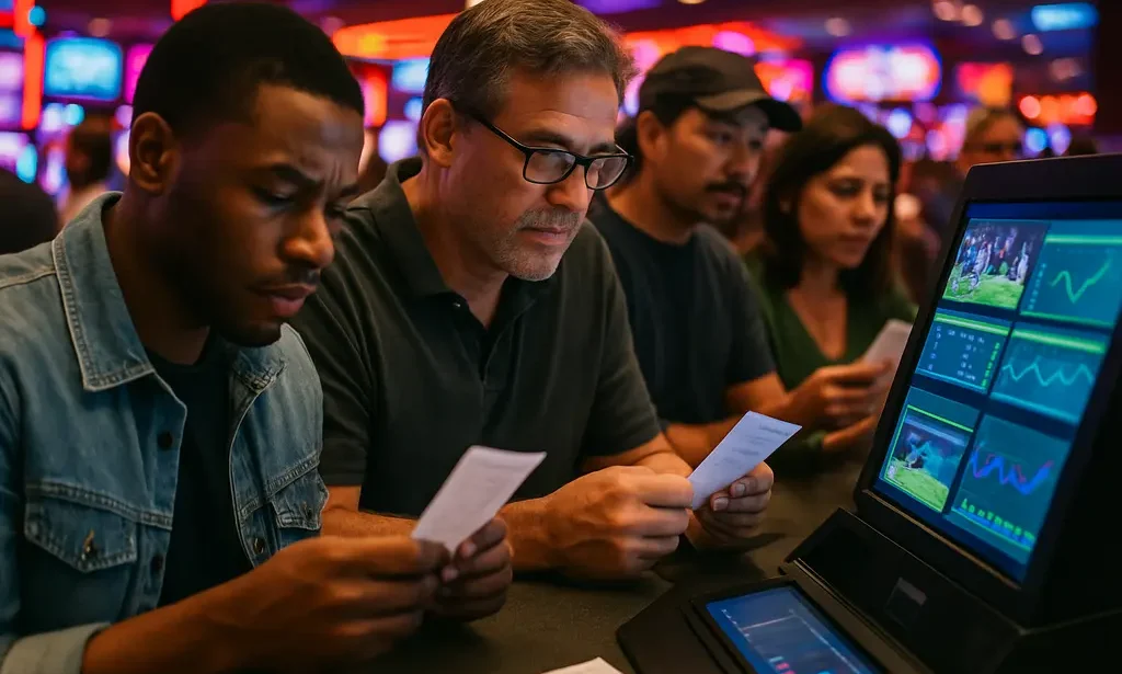 Michigan betting revenue chart on a laptop beside sportsbook market notes