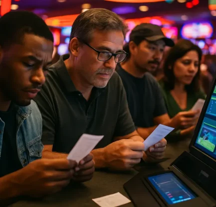 Michigan betting revenue chart on a laptop beside sportsbook market notes