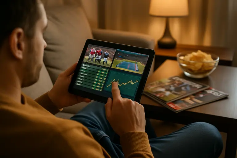 Mobile betting interface beside printed market reports on a desk